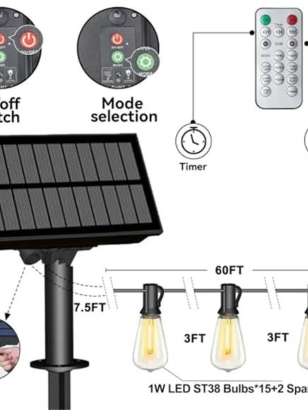 Solar String Lights Outdoor Patio Lights Warm White LED Remote 8 Modes 60FT